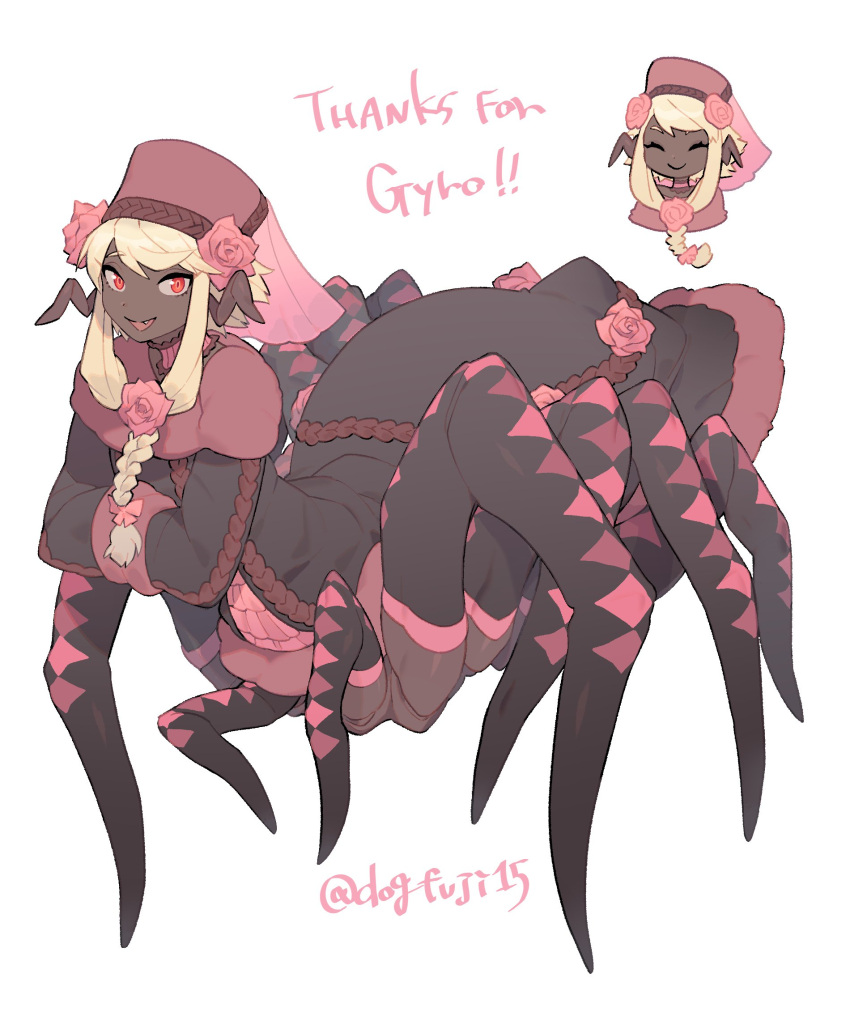 1girl, arachne, argyle, argyle_legwear, arthropod_girl, arthropod_limbs, black_dress, black_legwear
