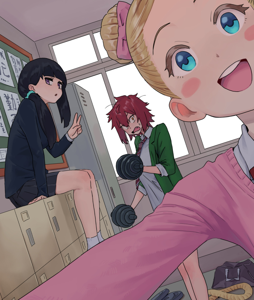 3girls, aizawa_tomo, bangs, black_hair, blonde_hair, blue_eyes, blunt_bangs, blush_stickers