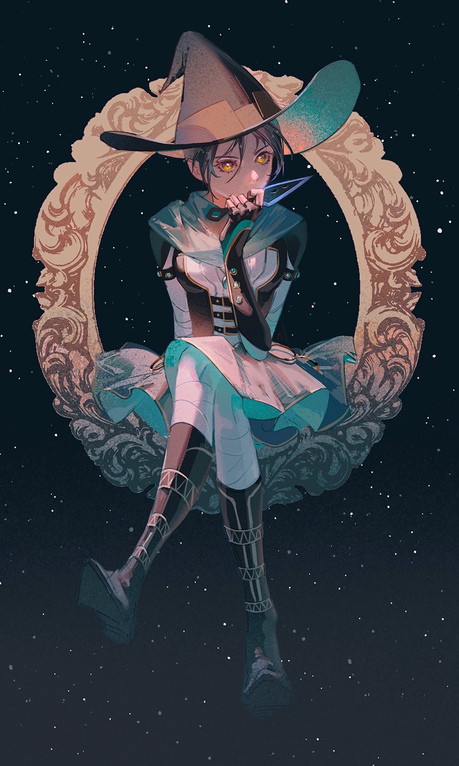 1girl, apex_legends, black_footwear, black_headwear, boots, breasts, brown_eyes, cape, crossed_legs, emerald_enchantress_wraith, green_cape, hair_between_eyes, hat, highres, holding, holding_knife, knife, kunai, looking_at_viewer, medium_breasts, official_alternate_costume, skirt, sky, solo, star_(sky), starry_sky, weapon, white_skirt, witch_hat, wraith's_kunai, wraith_(apex_legends), zeco_(zecoshiro)