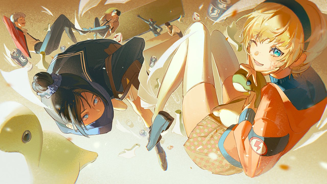 3boys, 3girls, ^_^, alternate_costume, apex_legends, black_hair, black_hairband, blonde_hair