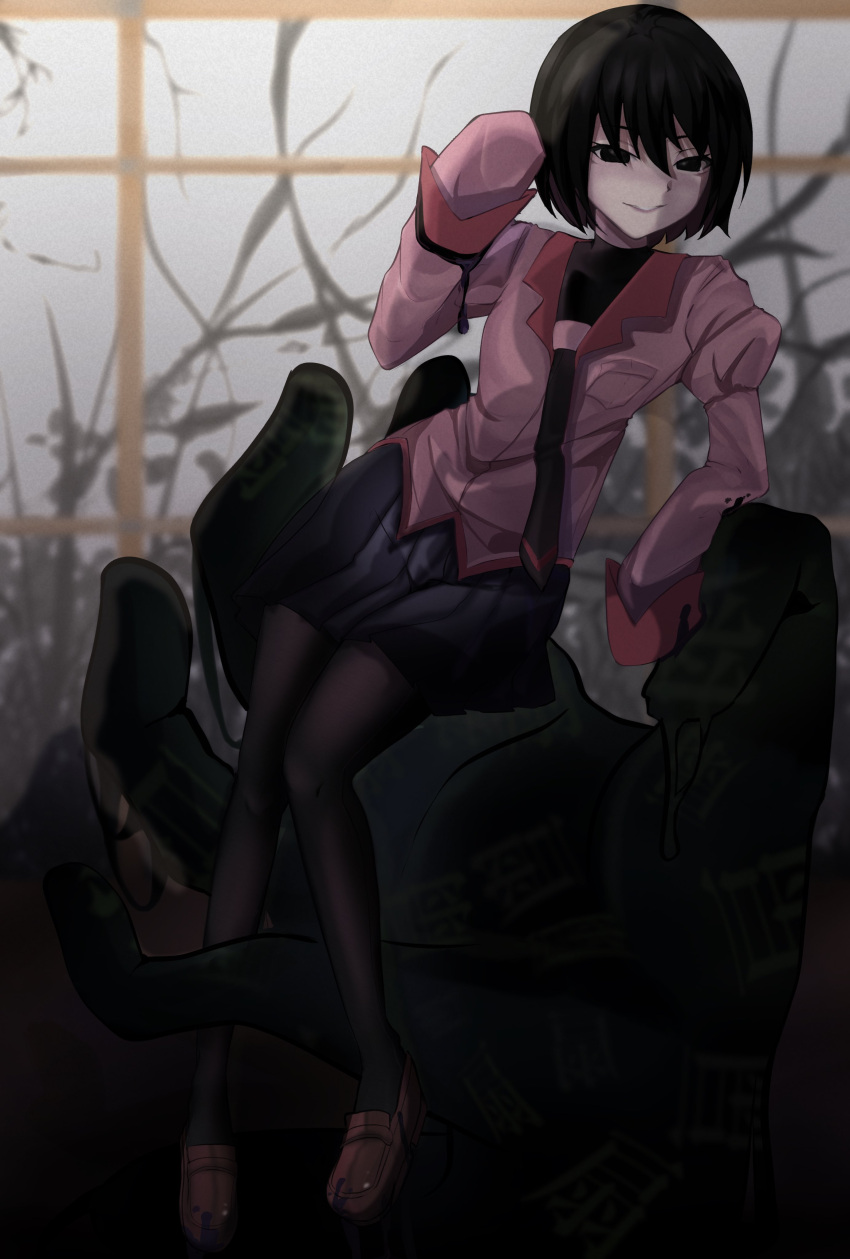 1girl, absurdres, arm_support, bangs, black_eyes, black_hair, black_legwear, black_necktie