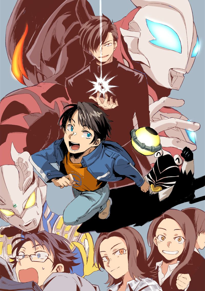 2girls, 5boys, aizaki_moa, alien, asakura_riku, black_jacket, blue_jacket, brown_hair