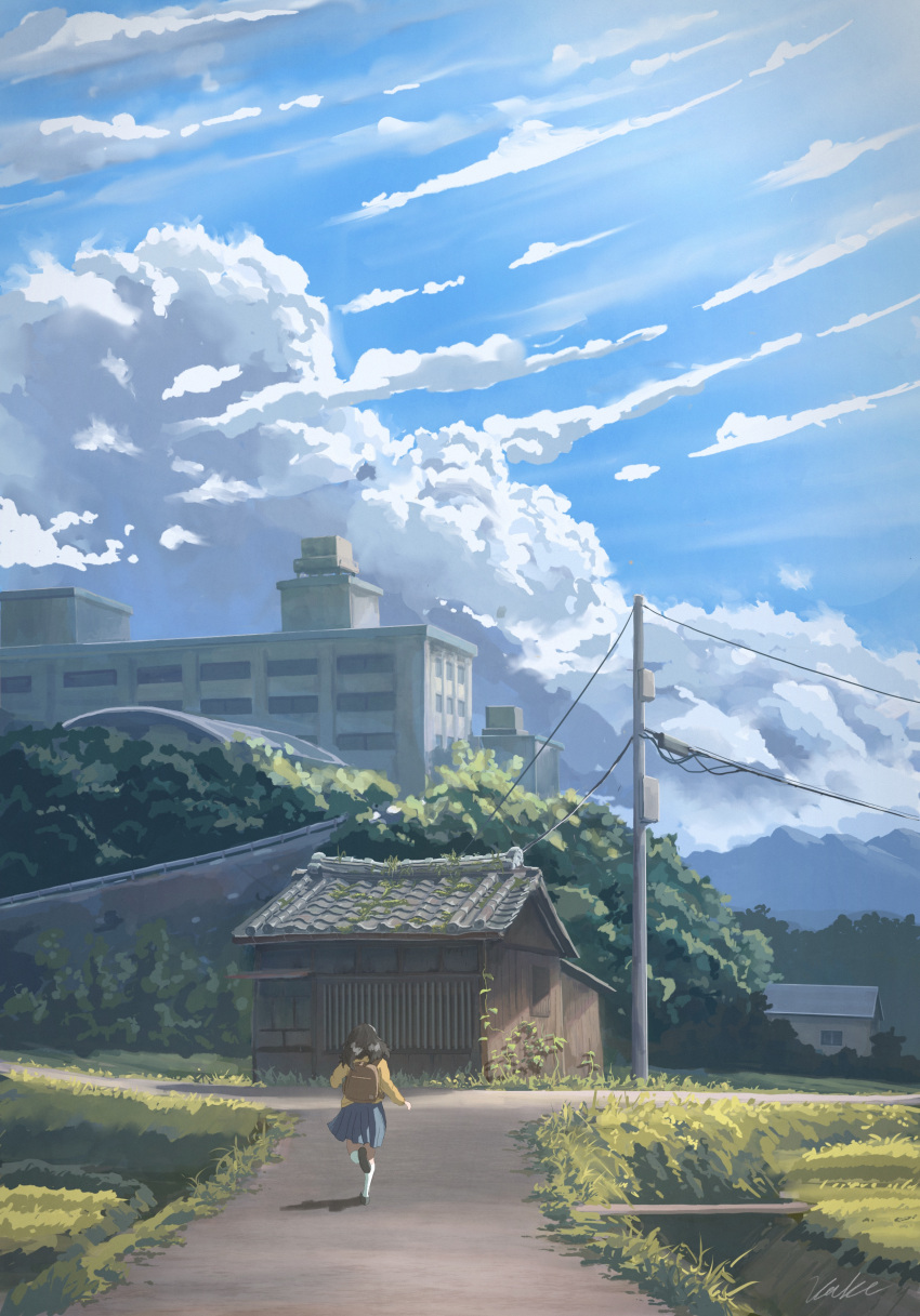 1girl, absurdres, backpack, bag, brush_stroke, building, clouds, cloudy_sky