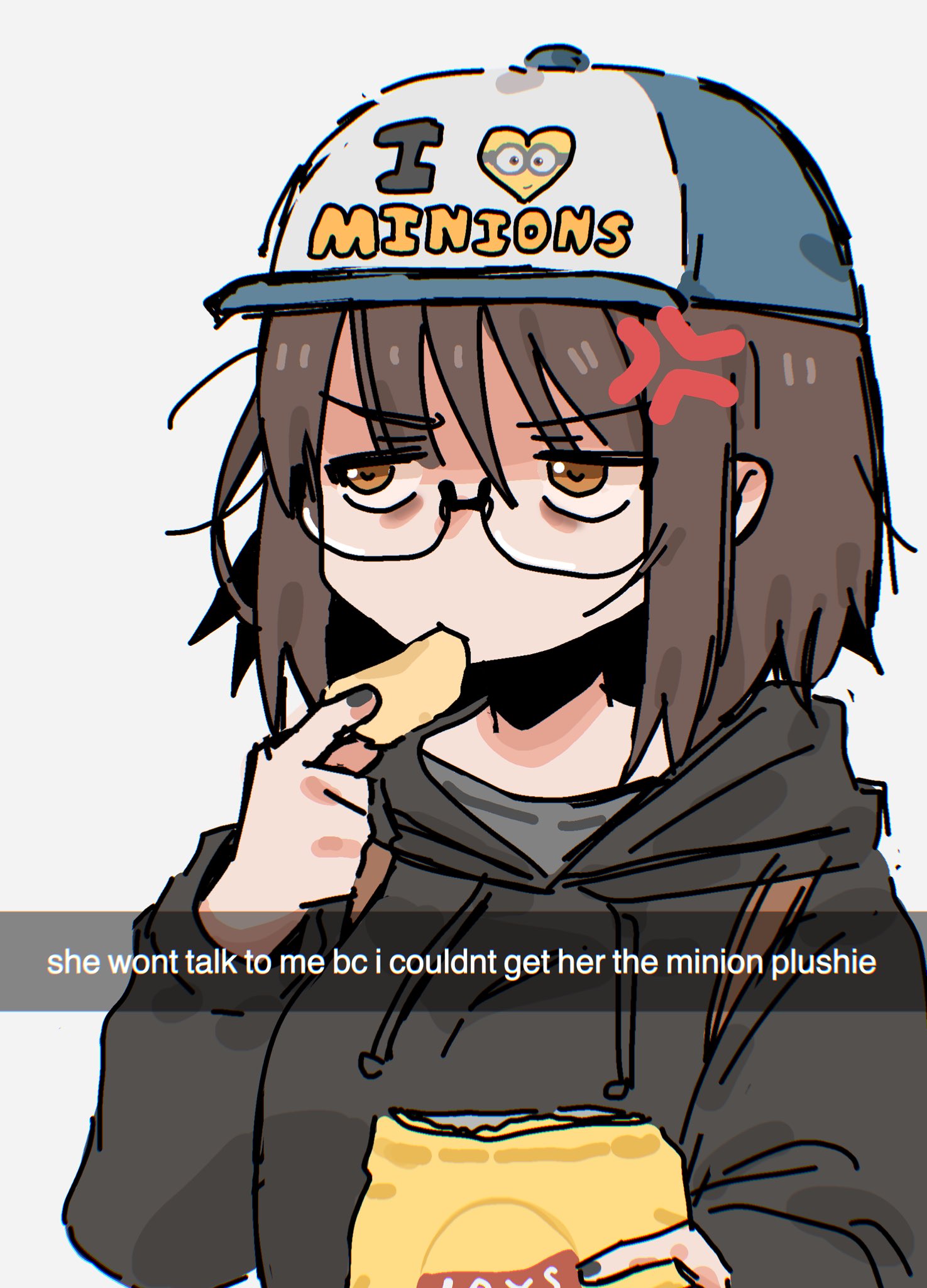 1girl, anger_vein, annoyed, baseball_cap, black_hoodie, black_nails, brown_hair, chips