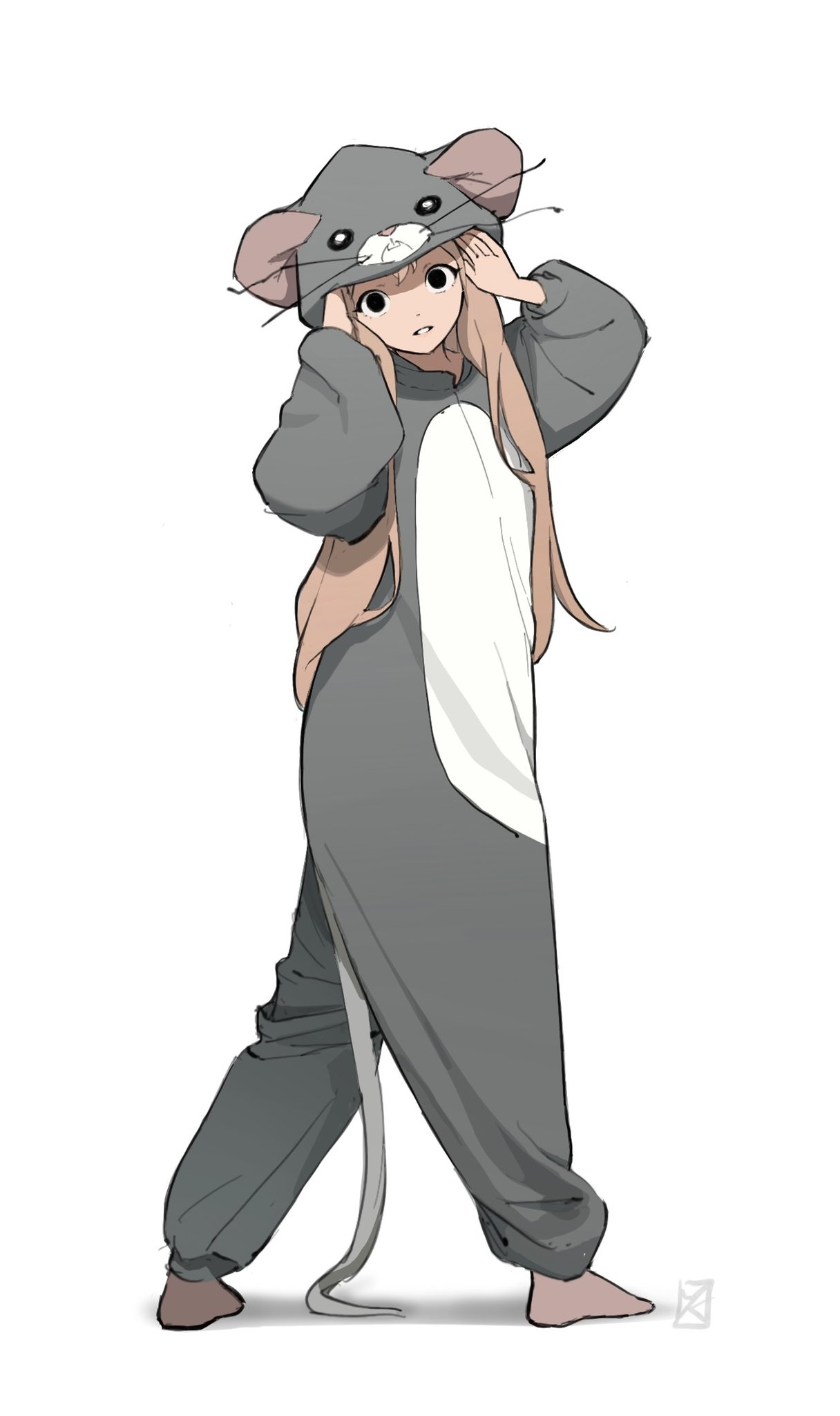 1girl, barefoot, brown_hair, dot_nose, full_body, highres, hood, hood_up