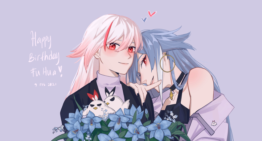 2girls, absurdres, bangs, black_choker, black_hair, black_jacket, black_shirt, blue_flower, character_name, choker, dual_persona, earrings, flower, formal, fu_hua, fu_hua_(herrscher_of_sentience), fu_hua_(phoenix), happy_birthday, heart, highres, honkai_(series), honkai_impact_3rd, jacket, jewelry, long_hair, looking_at_viewer, multiple_girls, paipaimonmon, purple_background, red_eyes, shirt, simple_background, white_hair, white_jacket