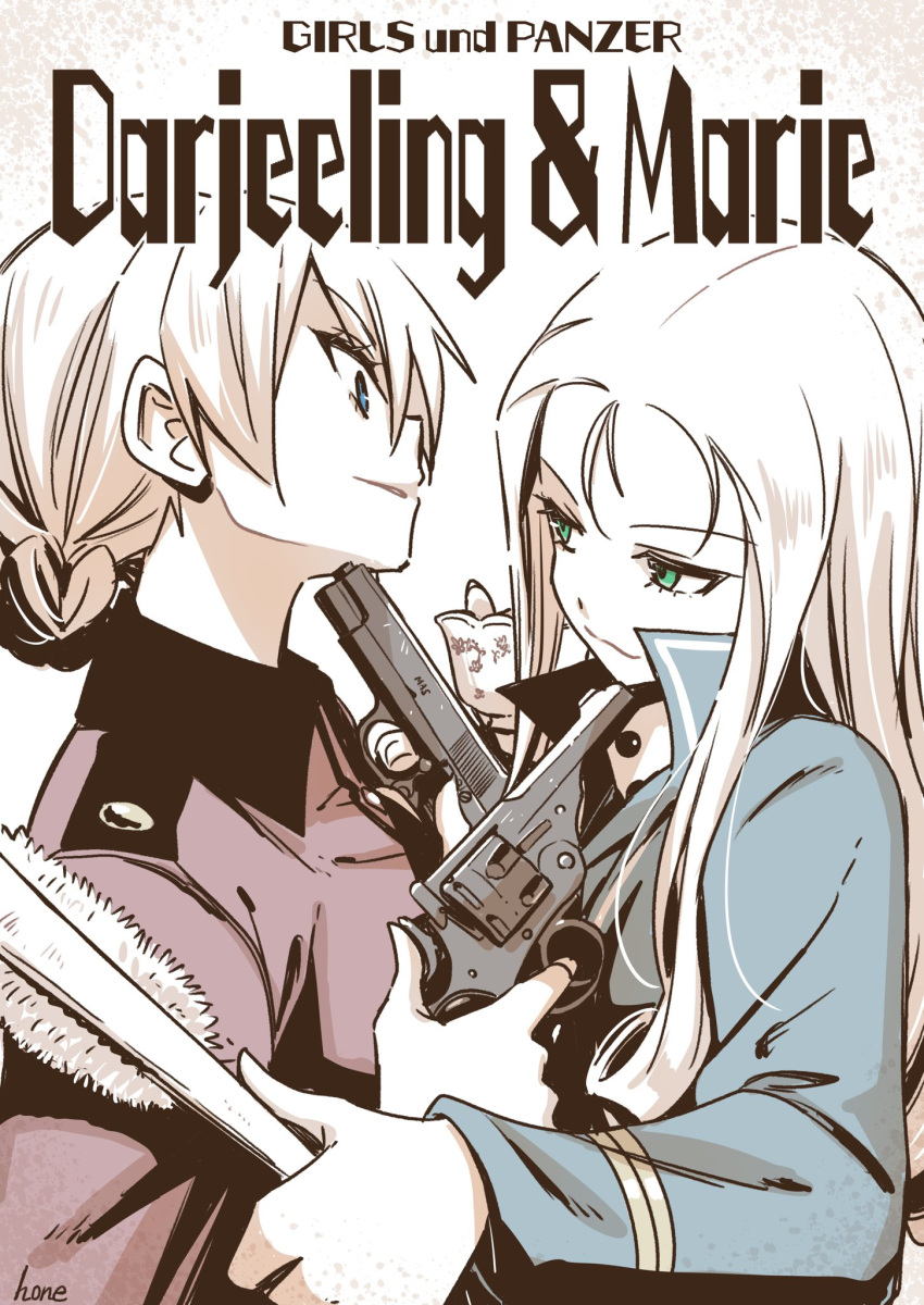 2girls, artist_name, bangs, bc_freedom_military_uniform, blonde_hair, blue_eyes, blue_jacket, braid