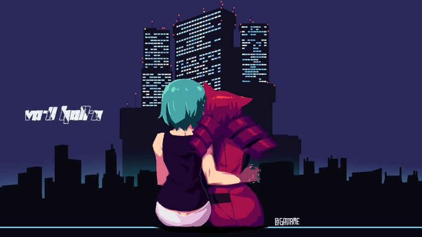 2girls, animal_ears, aqua_hair, black_tank_top, city, copyright_name, dress, from_behind