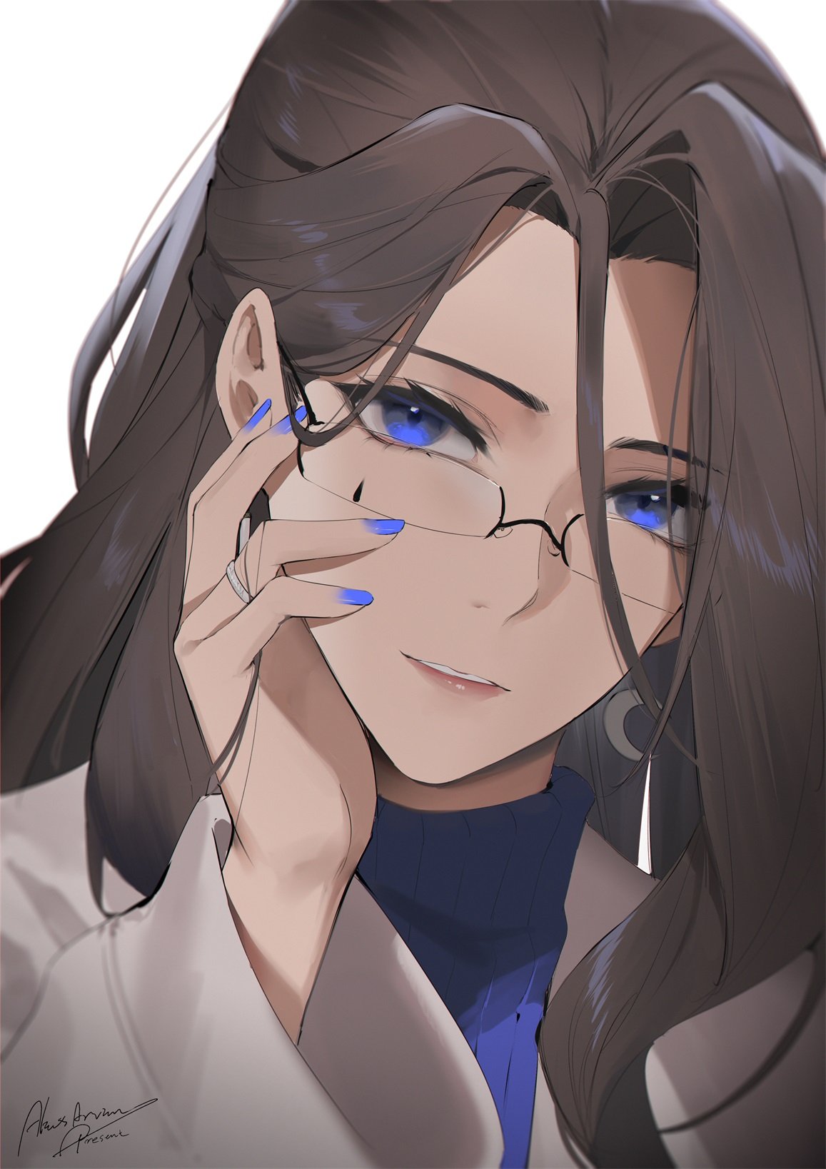 1girl, alios_arvin, blue_eyes, brown_hair, earrings, glasses, highres, inoue_iris_(sdustz)
