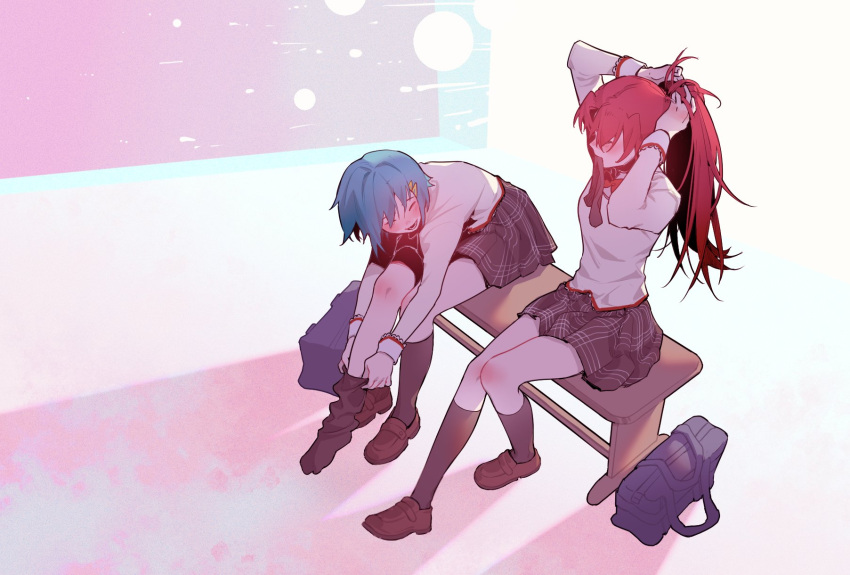 2girls, ^_^, adjusting_hair, bag, bench, blue_hair, blush, closed_eyes, from_above, hands_in_hair, highres, kneehighs, loafers, long_hair, mahou_shoujo_madoka_magica, miki_sayaka, mitakihara_school_uniform, mouth_hold, multiple_girls, open_mouth, redhead, riyu_qvq, sakura_kyouko, school_bag, school_uniform, shoes, sitting, sock_pull, teeth, thighs
