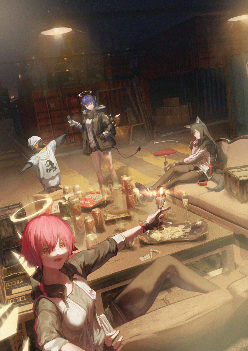 1boy, 3girls, absurdres, animal_ears, arknights, asymmetrical_gloves, beanie, black_gloves