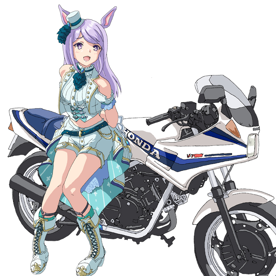 1girl, :d, animal_ears, bangs, bare_shoulders, boots, brand-new_friend_(umamusume), cross-laced_footwear