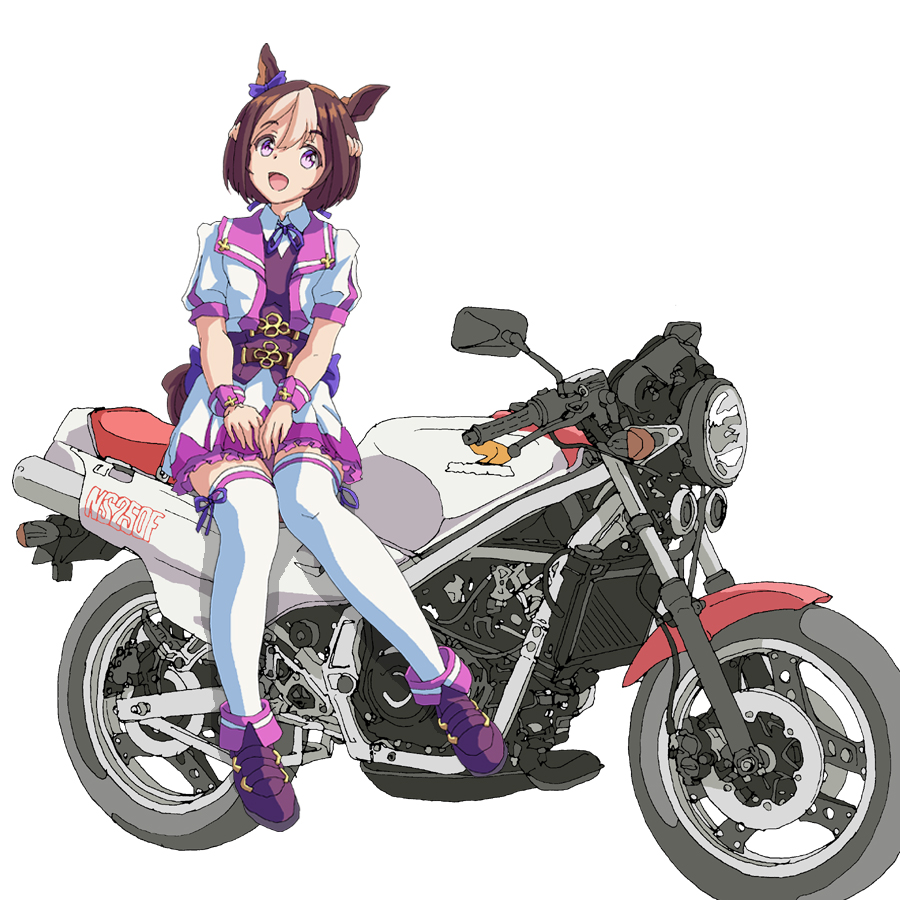 1girl, :d, animal_ears, blue_ribbon, brown_hair, ear_bow, full_body, ground_vehicle, hal-py, honda, horse_ears, horse_girl, horse_tail, looking_at_viewer, motor_vehicle, motorcycle, multicolored_hair, purple_footwear, ribbon, short_hair, sidelocks, sitting, smile, solo, special_week_(umamusume), tail, thigh-highs, two-tone_hair, umamusume, violet_eyes, white_hair, white_legwear