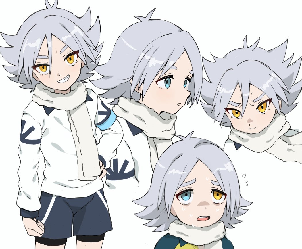 1boy, antenna_hair, blue_eyes, closed_mouth, fubuki_shirou, grey_background, grey_scarf, hair_between_eyes, hand_on_hip, heterochromia, inazuma_eleven_(series), male_focus, open_mouth, scarf, simple_background, smile, spiky_hair, sweat, sweating_profusely, teeth, tomei_00, upper_teeth, yellow_eyes
