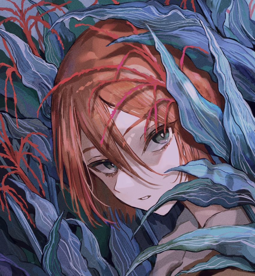 1other, ambiguous_gender, aqua_eyes, film_grain, grey_pupils, hair_between_eyes, highres, leaf