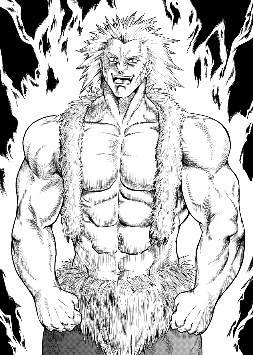 1boy, aura, fur_scarf, greyscale, highres, hunter_x_hunter, male_focus, monochrome