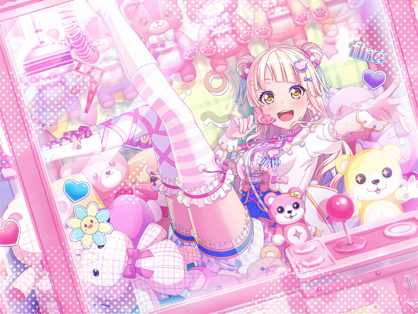 1girl, bang_dream!, blonde_hair, blush, crane_game, dress, holding_lollipop, long_hair