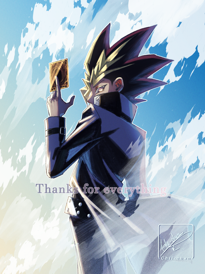1boy, arm_up, artist_name, blue_pants, blue_skirt, card, chii_chan_art, clouds