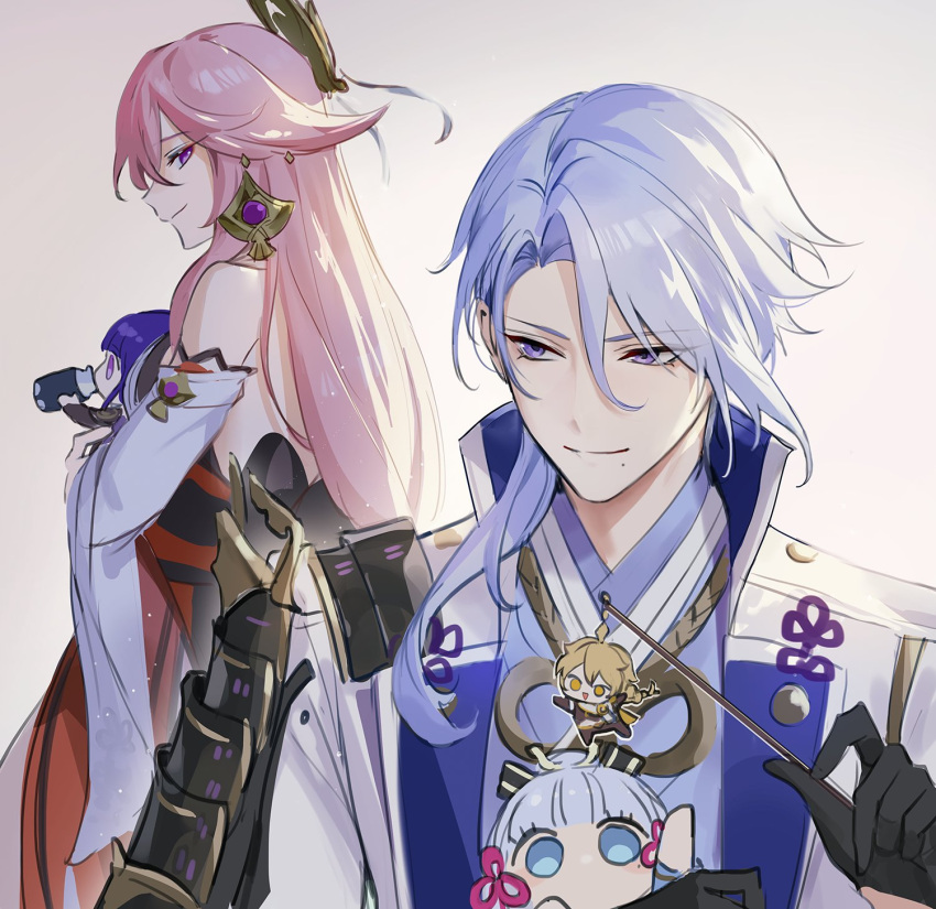 0jae, 2boys, 3girls, aether_(genshin_impact), animal_ears, armor, bangs, black_gloves, blonde_hair, blue_eyes, bottle, closed_mouth, detached_sleeves, earrings, fox_ears, genshin_impact, gloves, hair_between_eyes, hair_ribbon, highres, holding, japanese_armor, japanese_clothes, jewelry, kamisato_ayaka, kamisato_ayato, korean_commentary, long_hair, long_sleeves, miko, miniboy, minigirl, mole, mole_under_eye, mole_under_mouth, multiple_boys, multiple_girls, pink_hair, purple_hair, raiden_shogun, ribbon, very_long_hair, violet_eyes, wide_sleeves, yae_miko