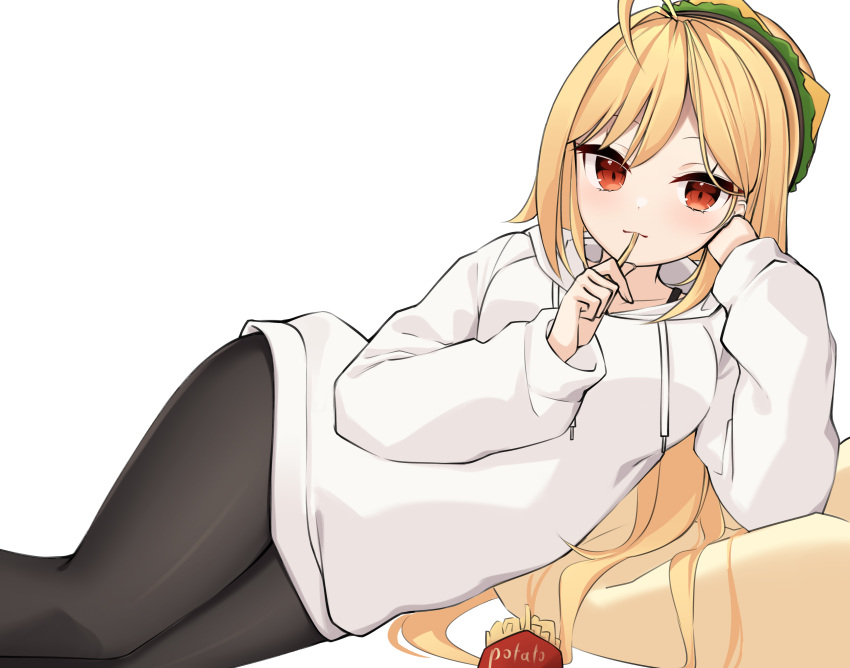 1girl, absurdres, ahoge, blonde_hair, drawstring, food, french_fries, hamburger_hat