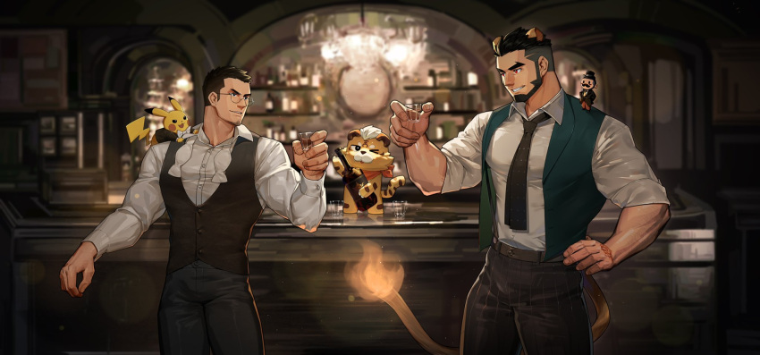 2boys, alca, animal, animal_ears, aqua_vest, beard, belt, black_belt