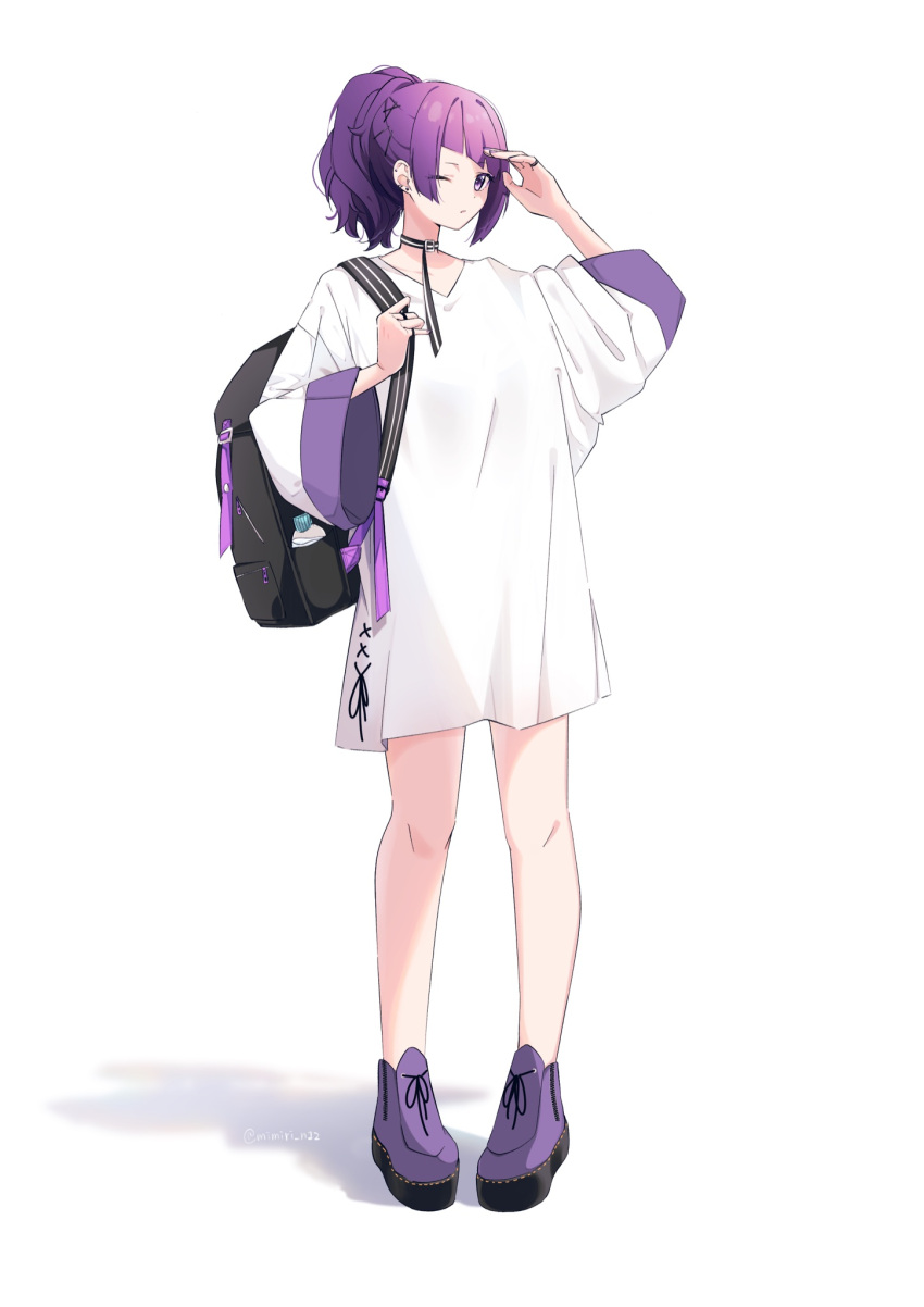1girl, ;|, backpack, bag, bare_legs, ear_piercing, full_body, highres