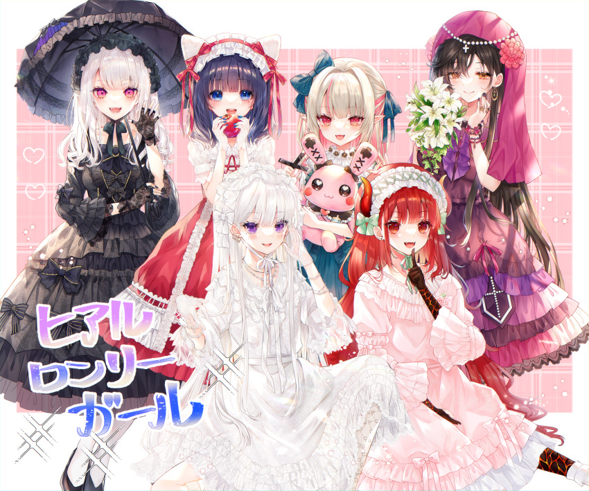 6+girls, aiba_uiha, aoi_sana, apple, black_hair, black_nails, blue_eyes, blue_nails