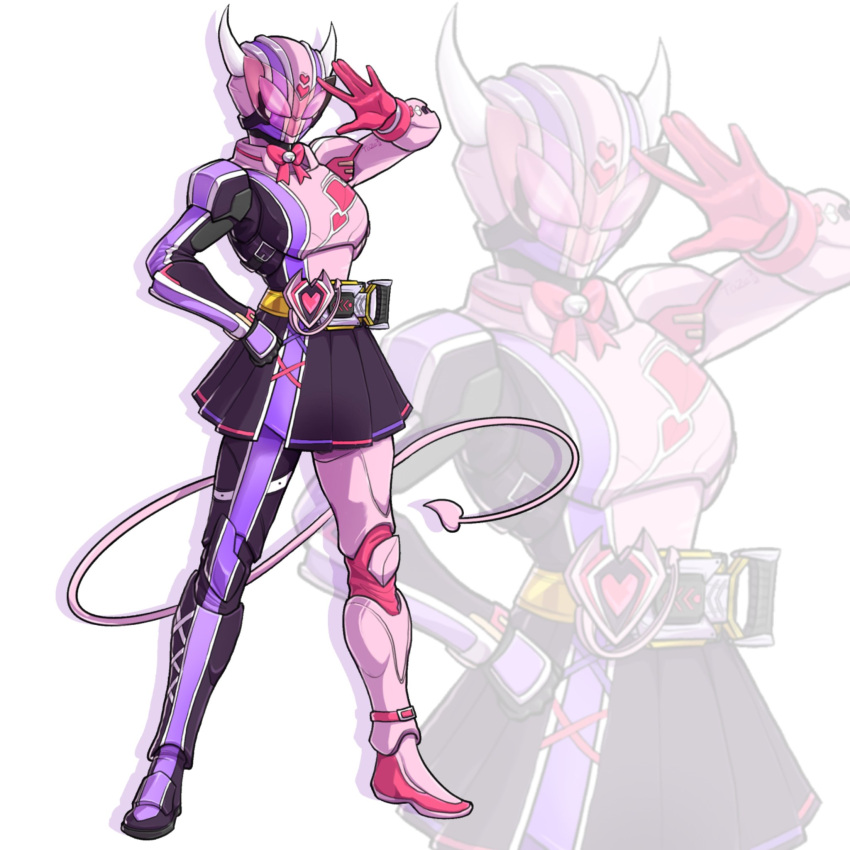 1girl, alternate_costume, belt, black_skirt, english_commentary, gloves, heart, helmet, highres, horns, ironmouse, kamen_rider, pink_eyes, projected_inset, red_gloves, skirt, solo, tail, to_ze, tokusatsu, vshojo, white_background