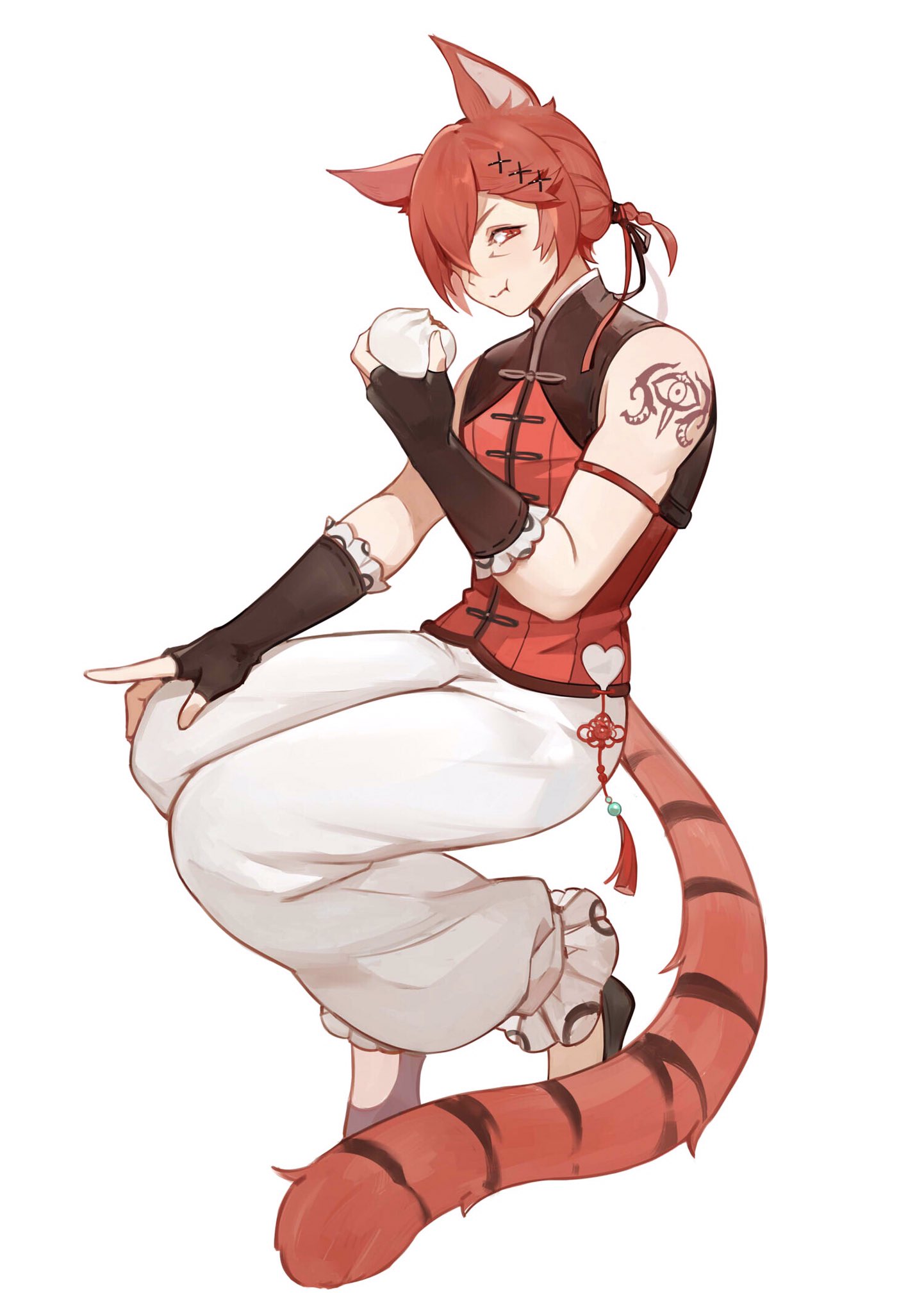1boy, :t, alternate_animal_ears, alternate_costume, alternate_tail, animal_ears, arm_tattoo, bangs