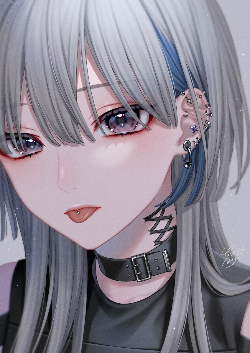 1girl, bangs, belt_collar, close-up, collar, commentary_request, corset_piercing, face