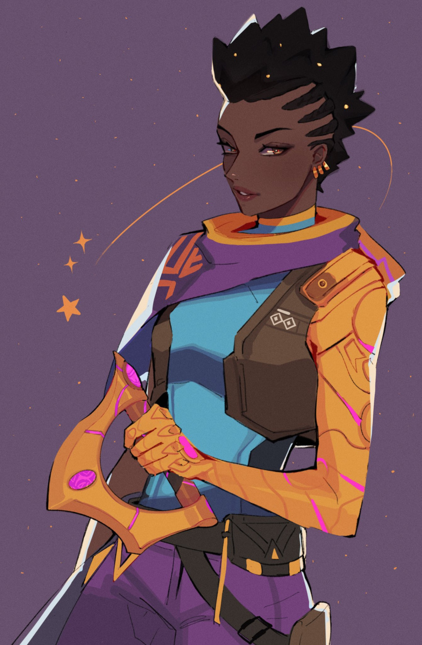 1girl, astra_(valorant), belt, black_belt, blue_shirt, breasts, brown_eyes, brown_vest, capelet, cornrows, dark-skinned_female, dark_skin, hair_behind_ear, highres, holding, hyoon_(sockgyu), medium_breasts, mohawk, pants, purple_background, purple_capelet, purple_pants, shirt, solo, star_(symbol), symbol-only_commentary, valorant, vest