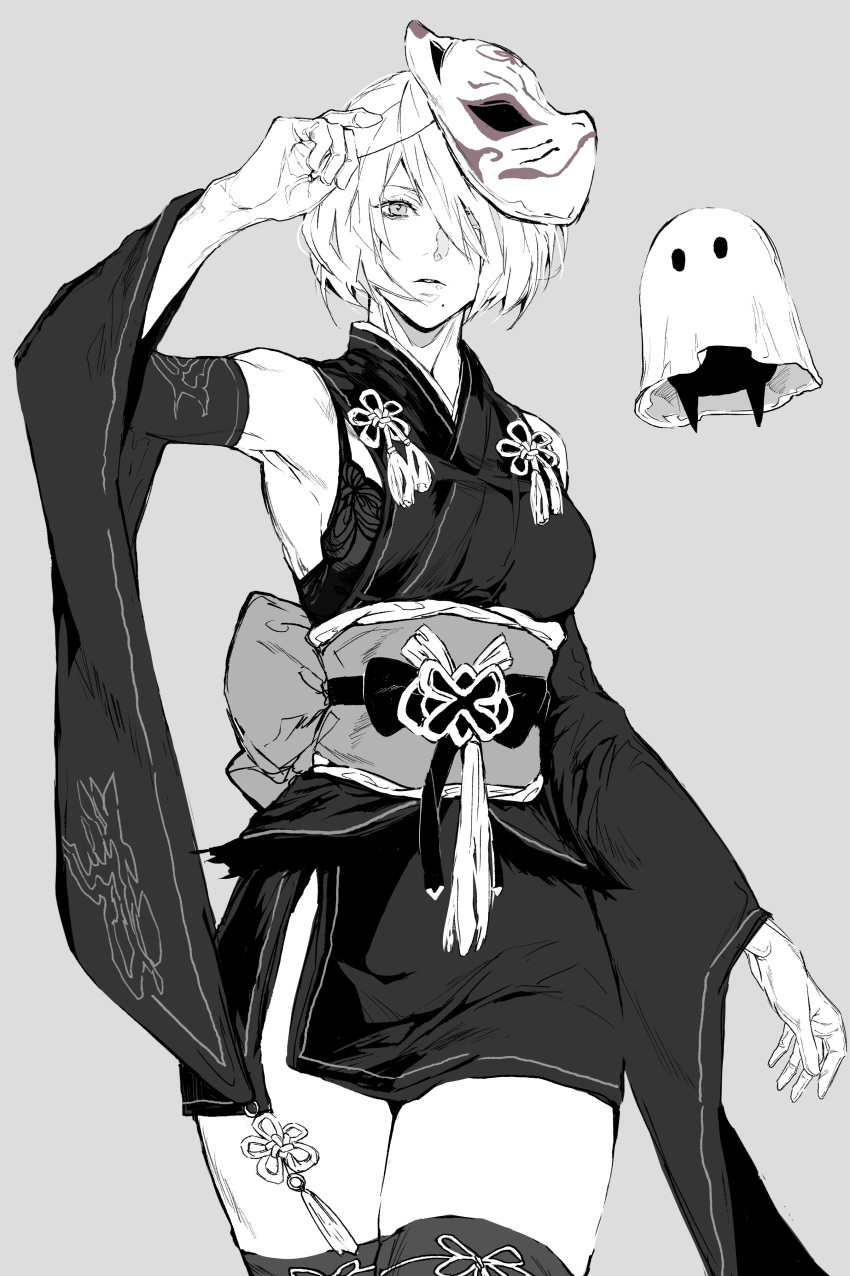 1girl, absurdres, breasts, dress, elbow_gloves, ghost, gloves, hairband