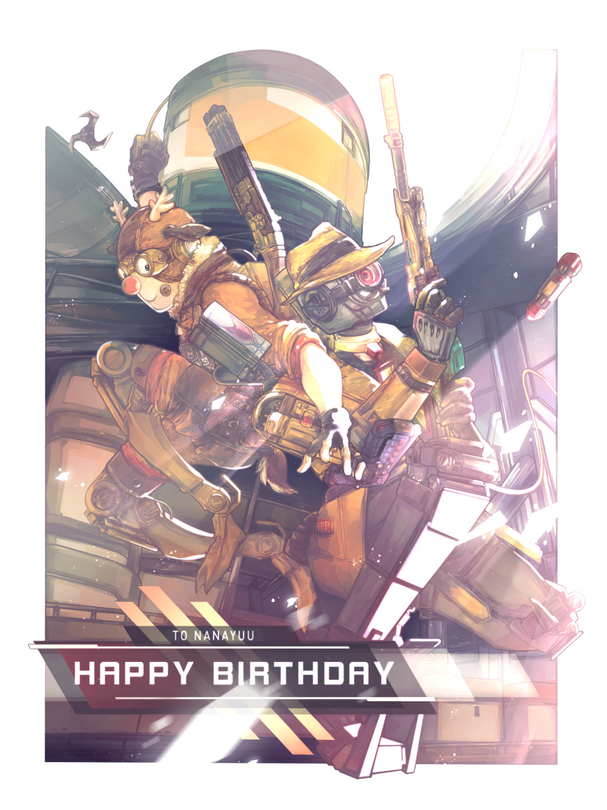 2boys, absurdres, airborne, apex_legends, arc_star, brown_headwear, brown_jacket, dasher_octane