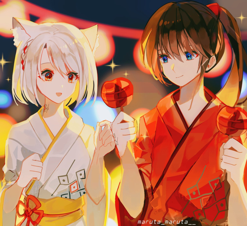 1boy, 1girl, animal_ears, apple, bangs, black_hair, blue_eyes, cat_ears