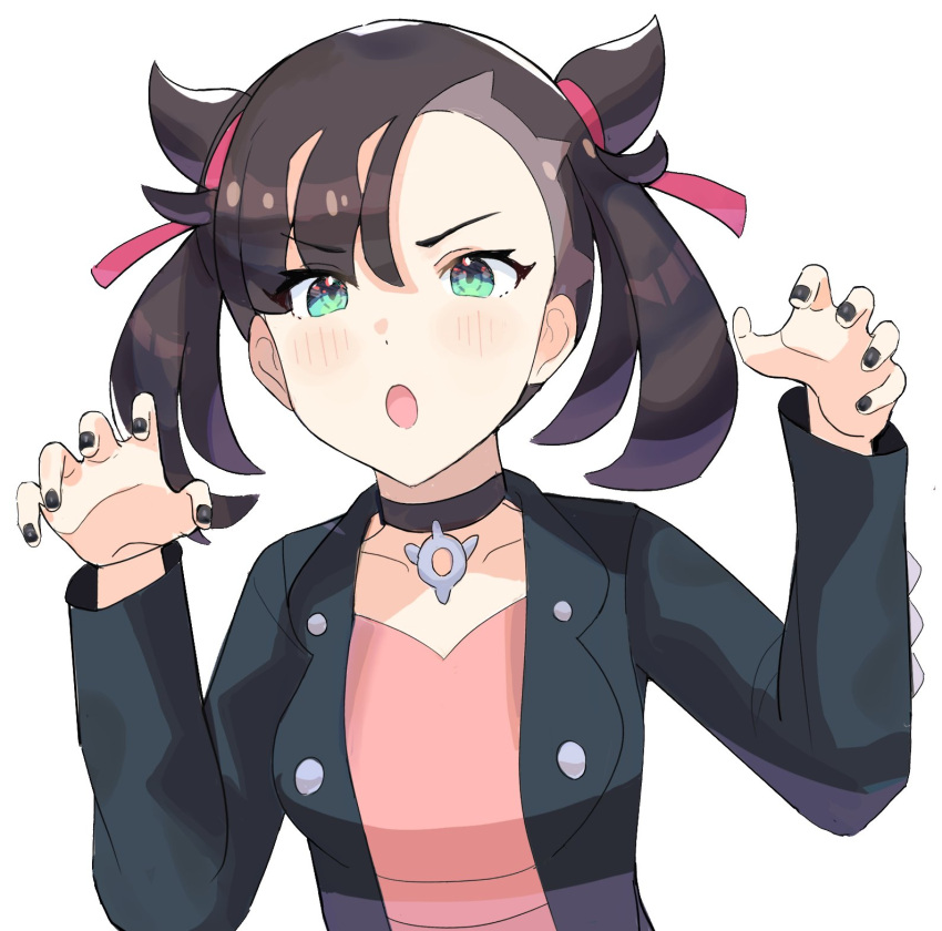 1girl, :o, black_choker, black_hair, black_jacket, black_nails, blush, choker, claw_pose, dress, gao, green_eyes, hair_ribbon, hands_up, highres, jacket, marnie_(pokemon), medium_hair, open_mouth, pendant_choker, pink_dress, pokemon, pokemon_(game), pokemon_swsh, red_ribbon, ribbon, simple_background, solo, spyg, twintails, two_side_up, upper_body, v-shaped_eyebrows, white_background