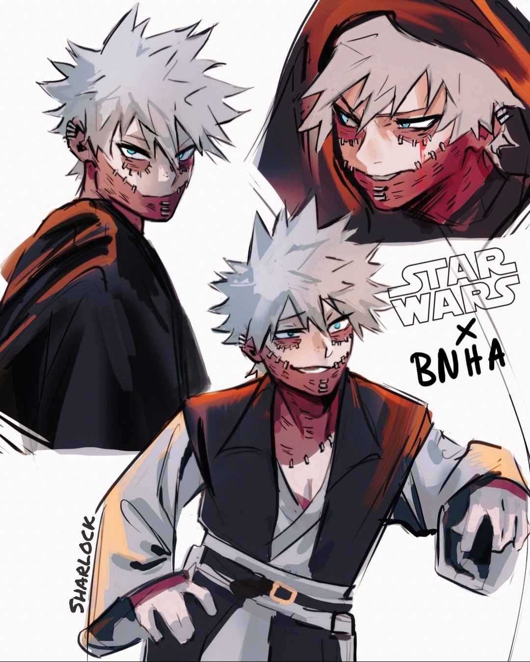 1boy, artist_name, blue_eyes, boku_no_hero_academia, burn_scar, cheek_piercing, copyright_name, cosplay, dabi_(boku_no_hero_academia), highres, hood, hood_up, male_focus, multiple_scars, multiple_views, obi-wan_kenobi, obi-wan_kenobi_(cosplay), obi-wan_kenobi_(disney+), piercing, scar, scar_on_neck, sharl0ck, simple_background, spiky_hair, staple, stapled, star_wars, todoroki_touya, white_background, white_hair