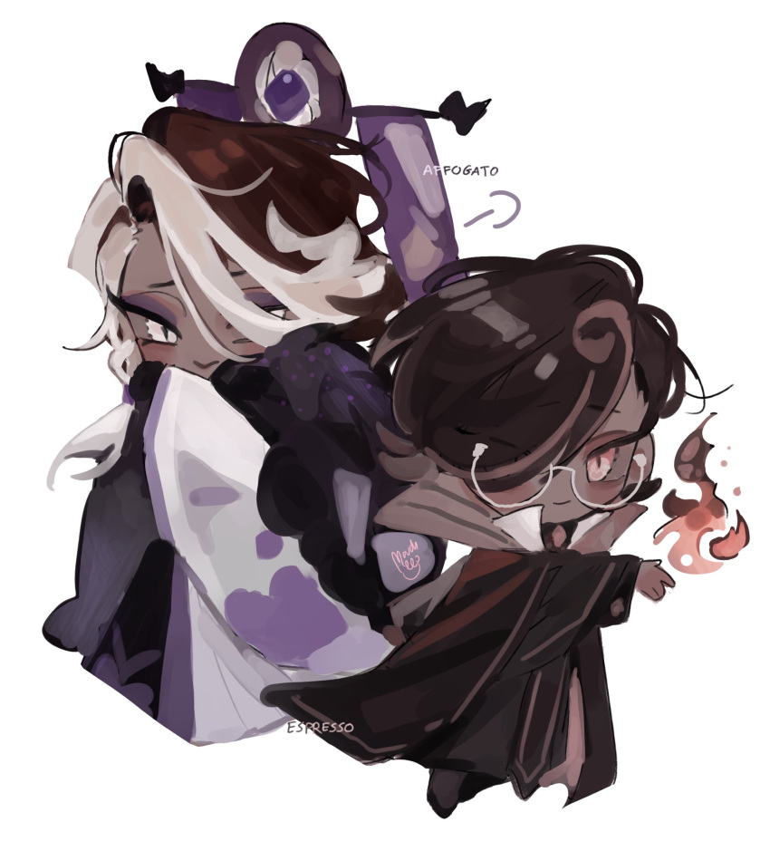 2boys, affogato_cookie, asymmetrical_bangs, bangs, black_hair, cape, chibi, coffee_beans