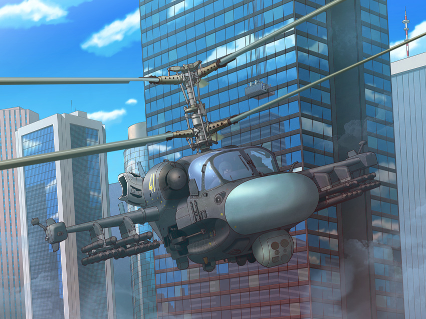 1boy, aircraft, building, city, clouds, commentary_request, commission, covered_face, earasensha, flying, gun, helicopter, helmet, holding, holding_weapon, ka-52, military, military_vehicle, missile, original, propeller, reflection, scenery, skeb_commission, sky, skyscraper, vehicle_focus, weapon