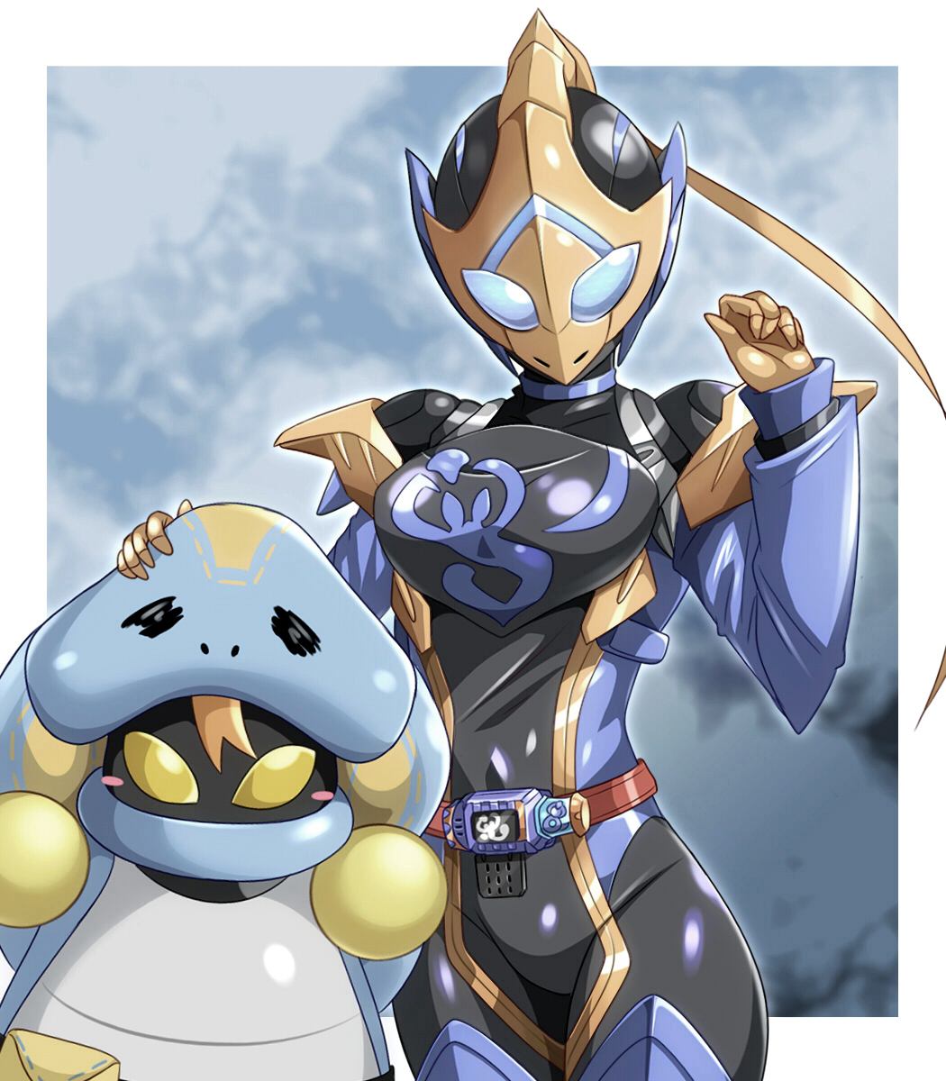 2girls, blue_background, breasts, cobra_(animal), cobra_genome, demon, demon_girl, driver_(kamen_rider)