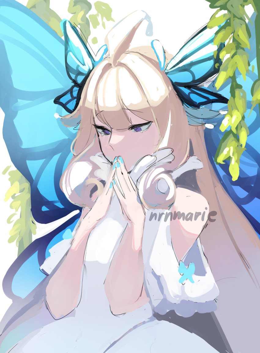 1girl, absurdly_long_hair, absurdres, ahoge, aqua_nails, bangs, bare_shoulders, blonde_hair