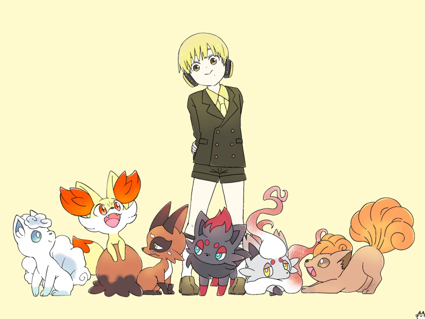 1boy, blonde_hair, child, commentary_request, crossover, fox, fox_boy, h1na3, headphones, highres, kemono_jihen, long_sleeves, looking_at_viewer, male_child, male_focus, mole, mole_under_mouth, multiple_tails, necktie, nowaki_homuramaru, pokemon, pokemon_(creature), school_uniform, short_hair, shorts, simple_background, smile, tail, vulpix, yellow_eyes, yellow_necktie
