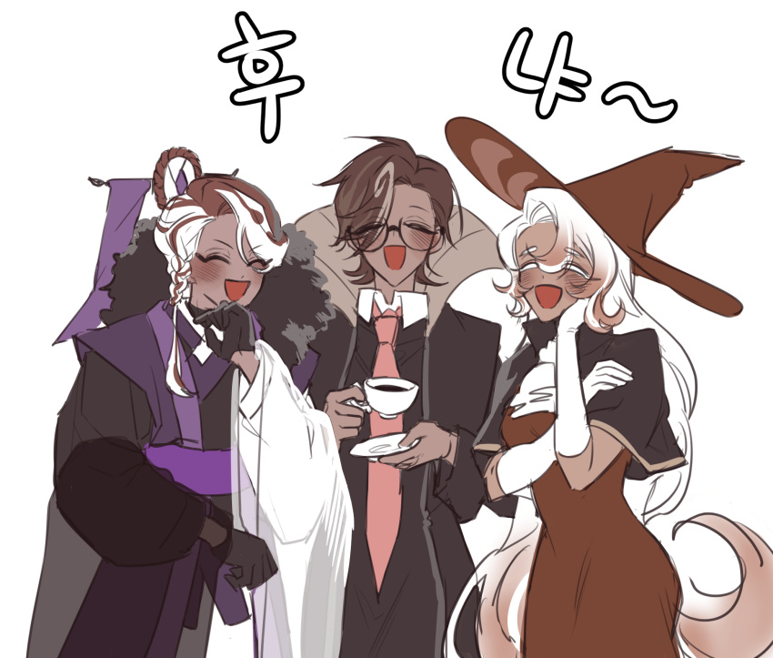 1girl, 2boys, affogato_cookie, asymmetrical_bangs, bangs, black_hair, cape, closed_eyes