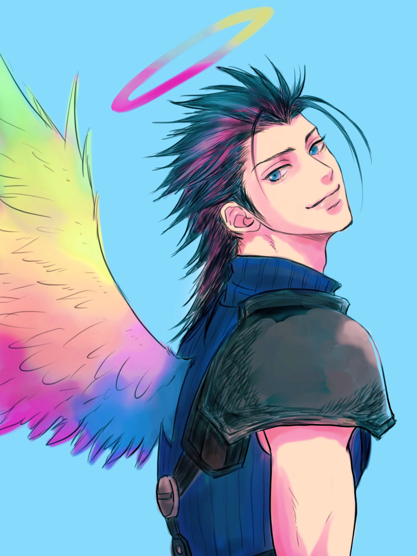 1boy, armor, black_hair, blue_background, blue_eyes, blue_shirt, final_fantasy, final_fantasy_vii