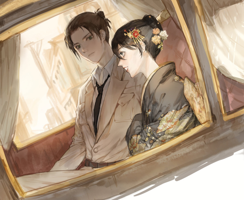 1boy, 1girl, bangs, belt, black_hair, brown_hair, carriage, couple, curtains, eren_yeager, flower, formal, hair_between_eyes, hair_bun, hair_flower, hair_ornament, hair_stick, hair_up, highres, japanese_clothes, jiyangzi, kimono, long_sleeves, mikasa_ackerman, necktie, parted_bangs, parted_lips, shingeki_no_kyojin, shirt, short_hair, sitting, smile, teeth, upper_body, white_shirt, window