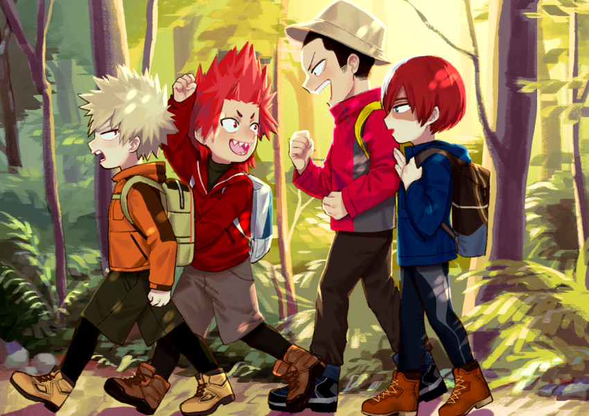 4boys, age_regression, backpack, bag, bakugou_katsuki, bangs, black_hair, blonde_hair
