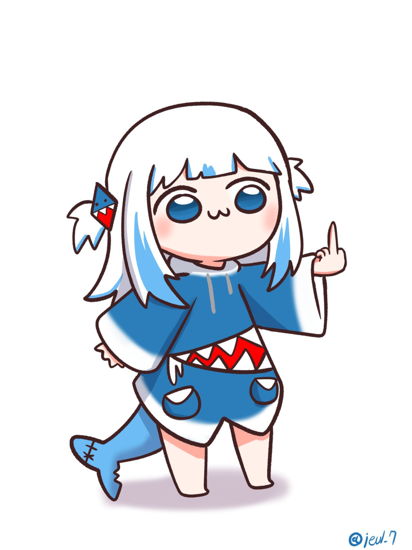 1girl, :3, animal_costume, artist_name, bangs, barefoot, blue_eyes, blue_hair, blue_hoodie, blunt_bangs, chibi, commentary, drawstring, eiul, english_commentary, fish_tail, gawr_gura, hair_ornament, highres, hololive, hololive_english, hood, hood_down, hoodie, long_sleeves, looking_to_the_side, medium_hair, middle_finger, multicolored_hair, outstretched_arm, outstretched_hand, shark_costume, shark_hair_ornament, shark_tail, sleeves_past_wrists, solo, streaked_hair, tail, twitter_username, two_side_up, virtual_youtuber, white_background, white_hair, wide_sleeves