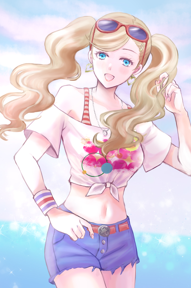 :d, bangs, belt, blonde_hair, blue-tinted_eyewear, blue_eyes, blue_shorts, collarbone, cowboy_shot, earrings, erimiyaman, eyewear_on_head, floating_hair, glasses, hair_ornament, hairclip, hand_in_own_hair, heart, heart_earrings, jewelry, long_hair, looking_at_viewer, midriff, navel, off-shoulder_shirt, off_shoulder, open_mouth, persona, persona_5, print_shirt, red-framed_eyewear, red_belt, shirt, short_shorts, short_sleeves, shorts, smile, stomach, striped, sunglasses, swept_bangs, takamaki_anne, tied_shirt, tinted_eyewear, torn_clothes, torn_shorts, twintails, very_long_hair, white_shirt, wristband