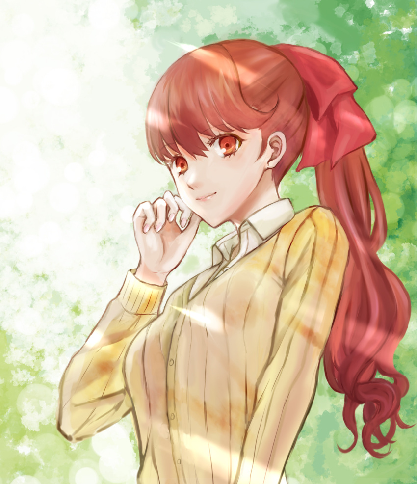 1girl, bangs, bow, cardigan, closed_mouth, collared_shirt, day, erimiyaman
