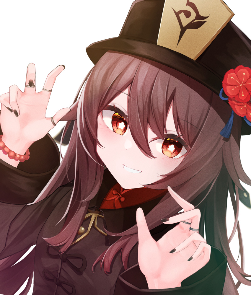 1girl, absurdres, black_headwear, black_nails, bracelet, flower, flower-shaped_pupils, genshin_impact