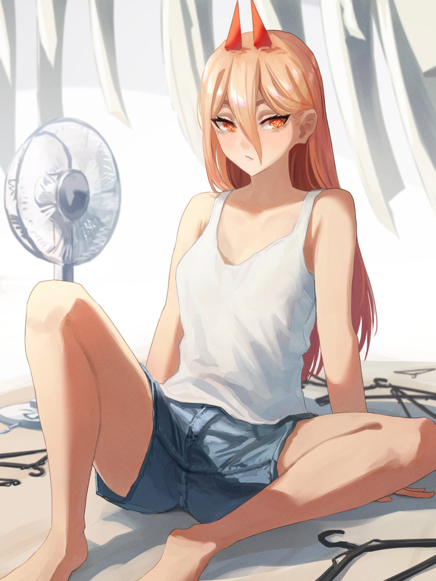 1girl, ao_desu2222, bare_arms, bare_legs, barefoot, blonde_hair, chainsaw_man, closed_mouth